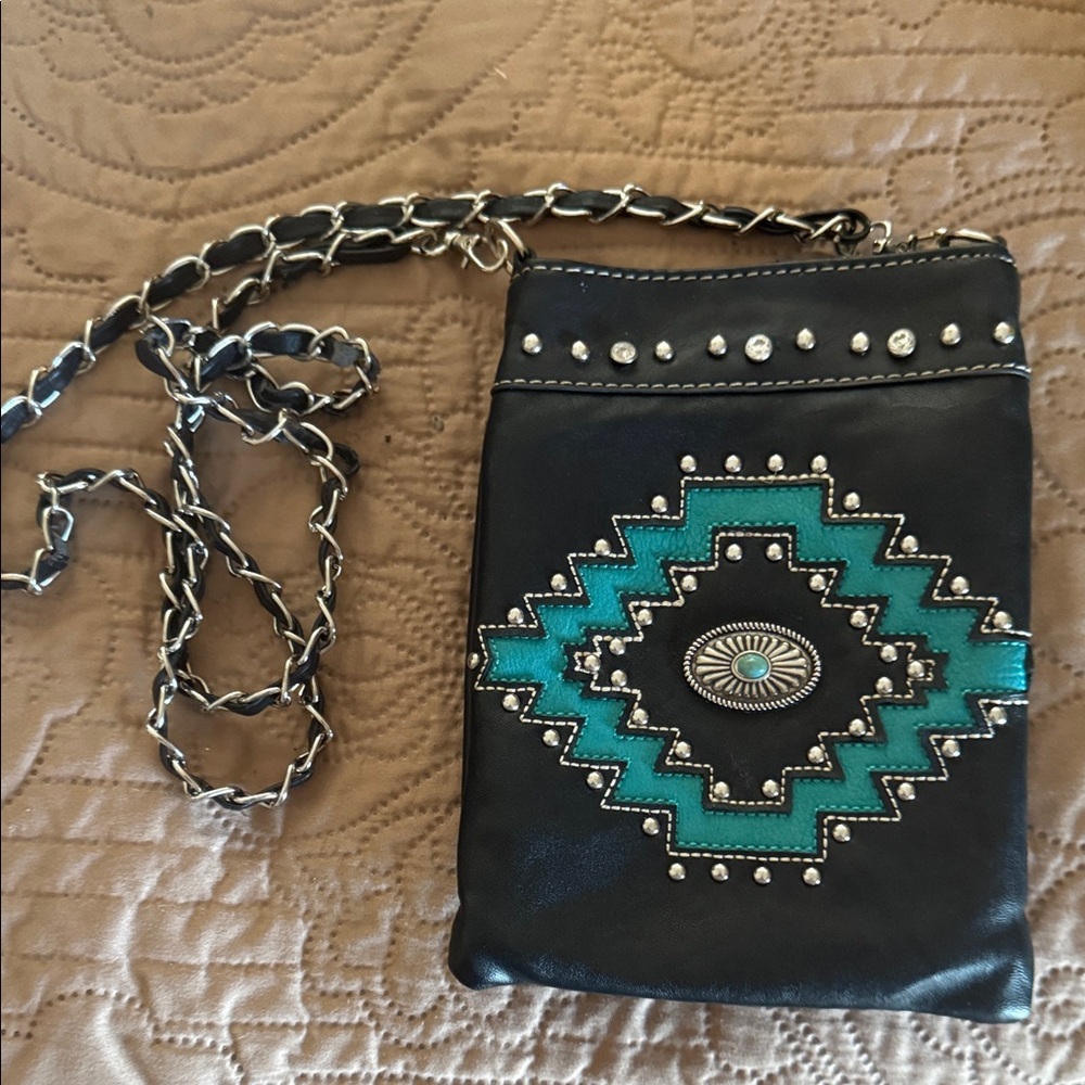 Black and Teal Embroidered Crossbody Bag